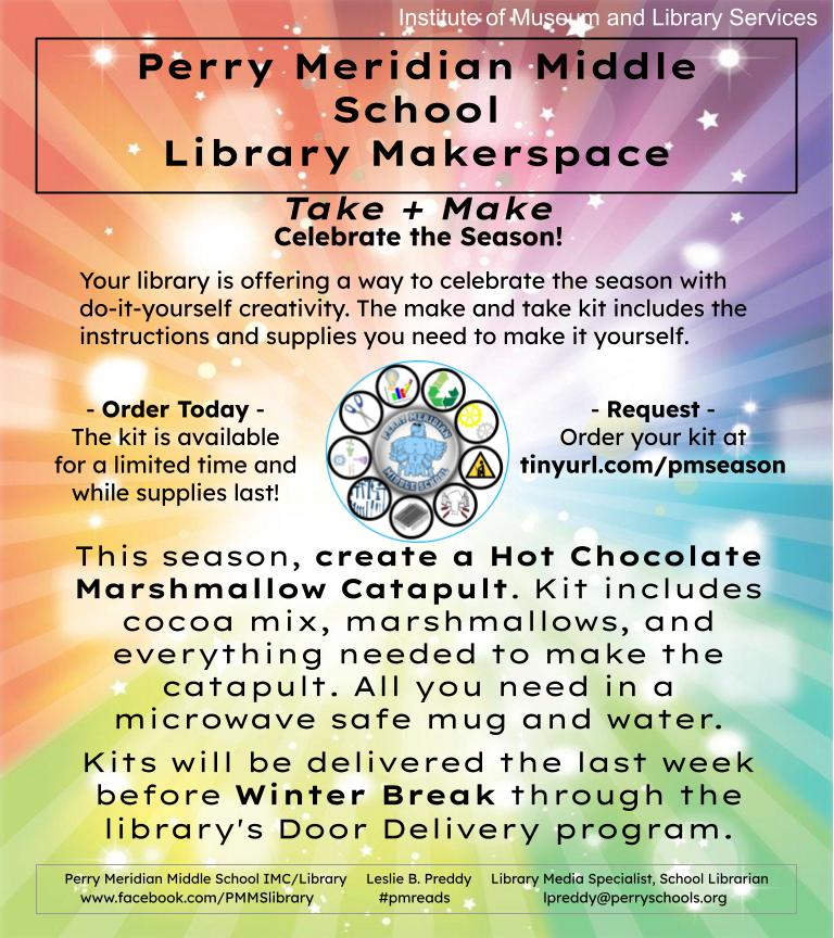 lesliepreddy's tweet photo. #pmreads - have fun Winter Break! The Winter Break take and make kit will be delivered the last week before Break. https://t.co/ckxfEeB47X @SLC_Online @AISLE_ILF #schoollibrarymakerspace @PerryTwpSchools https://t.co/xbsGJlHmwg