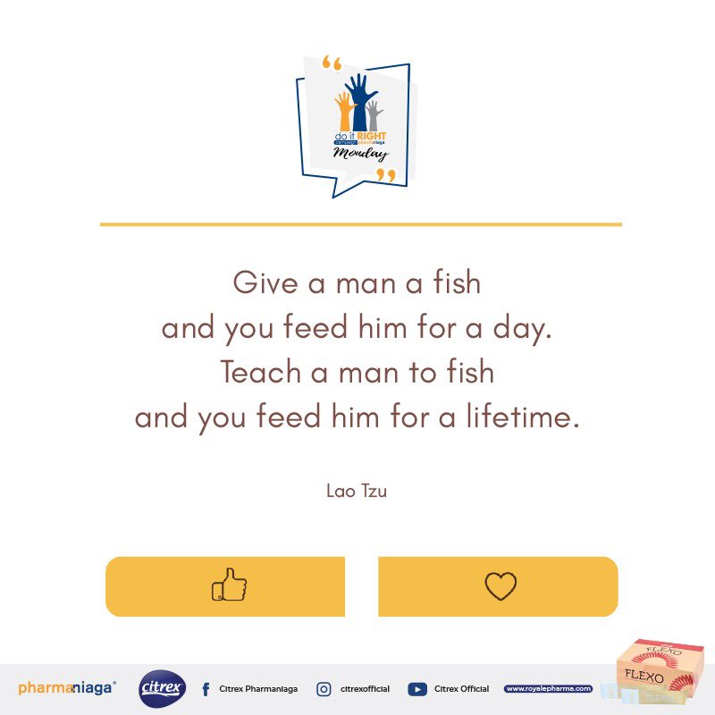 pharmaniaga_bhd's tweet photo. Rather than giving or doing things for someone over and over again, it is more beneficial  to teach them to do something for themselves. 😊

#DIRAMonday #learn #QuoteOfTheDay #MondayQuotes https://t.co/KjKQrk77rW