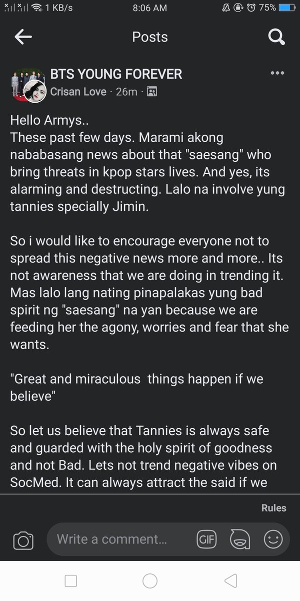 CrisanPermi's tweet photo. Let us use the power our fandom hold in spreading prayers for the safety and health of BTS,Company and everyone else. Not the negative one. 😊 BORAHAE!! 💜💜

"Prayer is the most powerful and unbreakable weapon we can use"

#ARMYforPRAYERS
#ARMYoustSAESANG
#ARMYxBTS https://t.co/AhMVA2zzC5