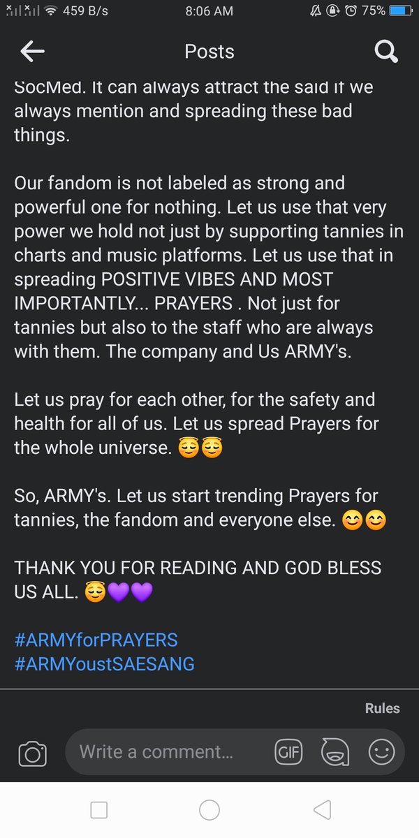CrisanPermi's tweet photo. Let us use the power our fandom hold in spreading prayers for the safety and health of BTS,Company and everyone else. Not the negative one. 😊 BORAHAE!! 💜💜

"Prayer is the most powerful and unbreakable weapon we can use"

#ARMYforPRAYERS
#ARMYoustSAESANG
#ARMYxBTS https://t.co/AhMVA2zzC5