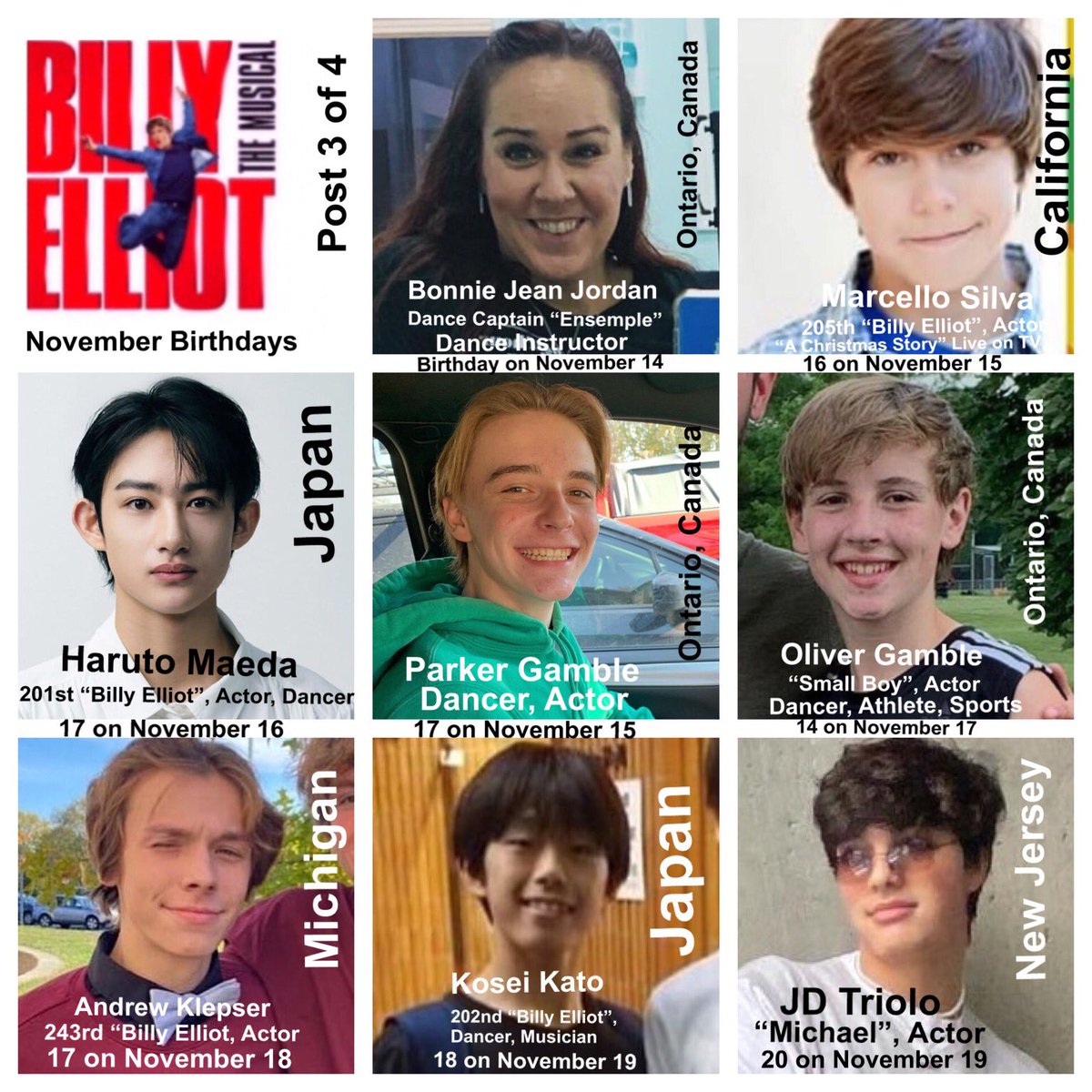 RoyEtten's tweet photo. ⁦@BillyElliotUK⁩ ⁦@BillyElliot_JP⁩  #billyelliot #billyelliotjapan   Happy November Birthdays to at least 18 “Billy Elliots”, 3 “Michaels”, 2 “Debbies”, 2 “Ballet Girls”, 2 “Small Boys”, 2 “Tall Boys”,  1 Ensemble Member. (Post 3 of 4).  Stay Healthy, Stay Safe 🙏❤️ https://t.co/iyoa24hx6a