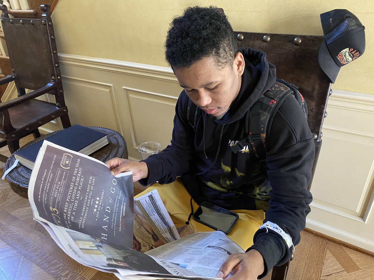 RocktheFilm's tweet photo. First Born visited me on set, wrote music for the show &amp; while home for the holiday break, I shoved the calendar section of ⁦@latimes⁩ in his hand so he could read what ⁦@GeBraxton⁩ wrote about #Swagger ⁦@AppleTV⁩. Sharing this with my fam makes it worthwhile. https://t.co/wyVhaDYA4L