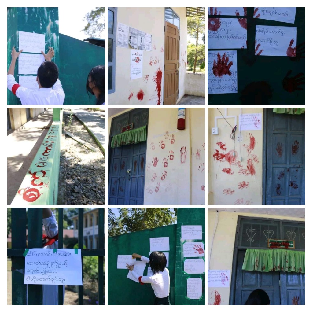 miN13700's tweet photo. Kyainseikgyi township basic education students' union staged a red paint strike against the military slavery education at a fascist military school on November 28.

#NoFlyZoneInMyanmar
#Nov29Coup
#WhatsHappeningInMyanmar https://t.co/YWIWI1ogxN