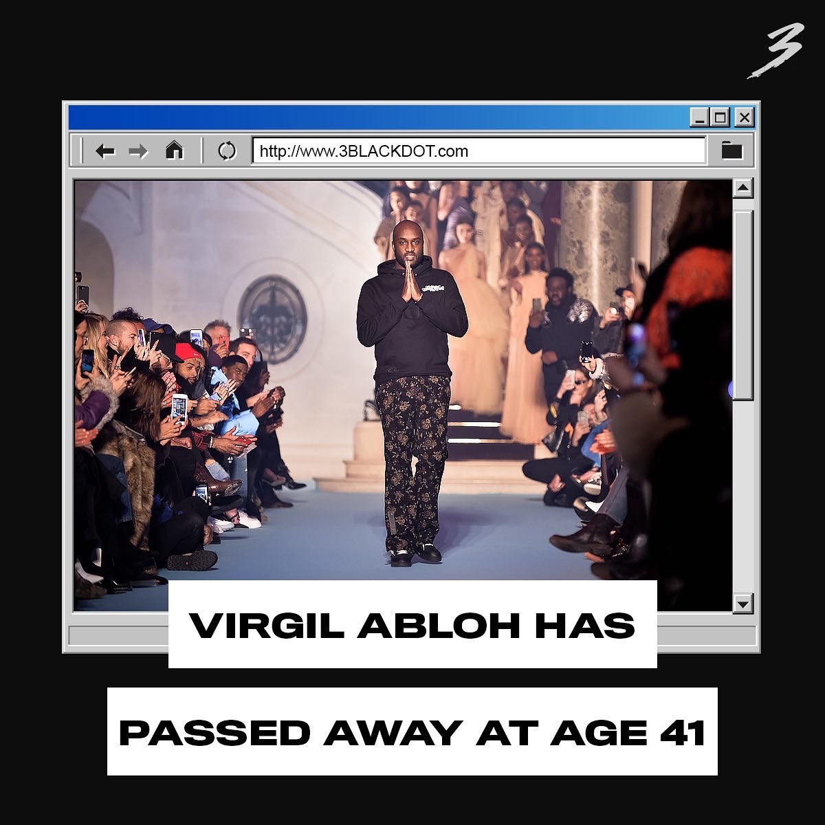 3BLACKDOT's tweet photo. Barrier-breaking designer Virgil Abloh has passed away at the age of 41. The Louis Vuitton Artistic Director and Off-White founder was a major proponent of the convergence between gaming and fashion citing the sense of community within gaming. #3BLACKDOT https://t.co/y8TV0mqHI3