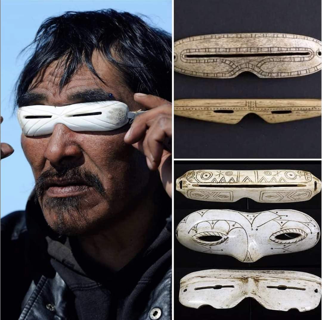 Thousands of years ago, Inuit and Yupik people of Alaska and northern Canada carved narrow slits into ivory, antler and wood to create snow goggles. This diminished exposure to direct and reflected ultraviolet rays thereby reducing eye strain and preventing snow blindness.