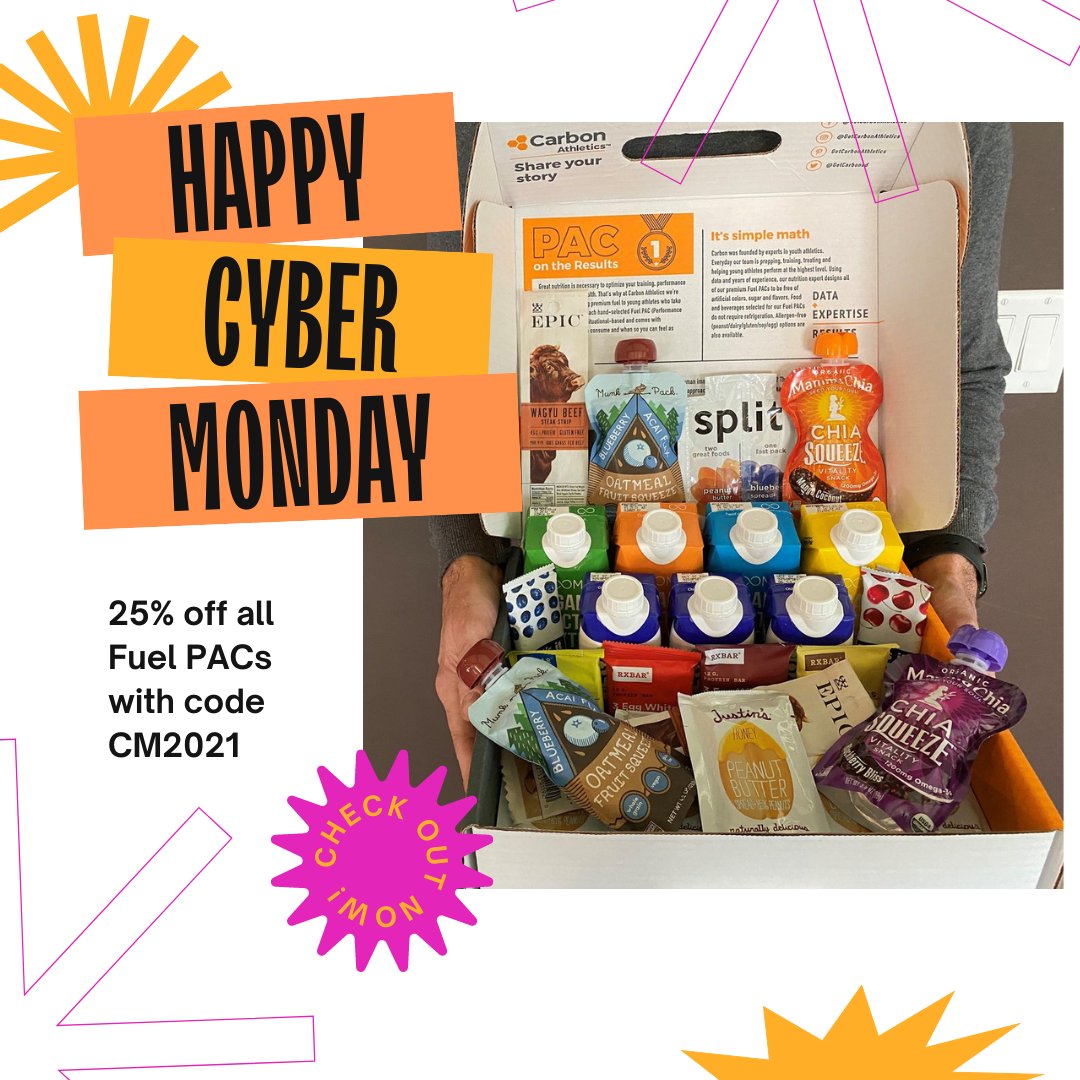 Did you know that a world class nutritionist put together our Fuel PACs to optimize your athlete's performance on the field? Order yours today with code CM2021 for 25% a Fuel PAC, and help your athlete achieve greatness. 
Click here to shop >> carbon-athletics.com/discount/CM2021
#CyberMonday
