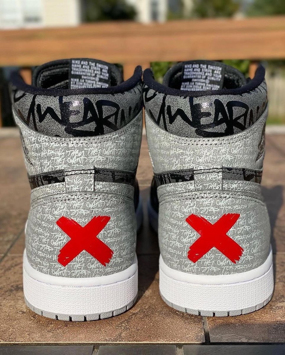 RepKicksRU's tweet photo. This Air Jordan 1 is detailed with an upper covered in text that reads “They can’t stop you from wearing them,” referencing the commercial, and the iconic Red “X” returns on the heels. A White midsole atop a Grey rubber outsole completes the design. https://t.co/nSr0P9SAXx