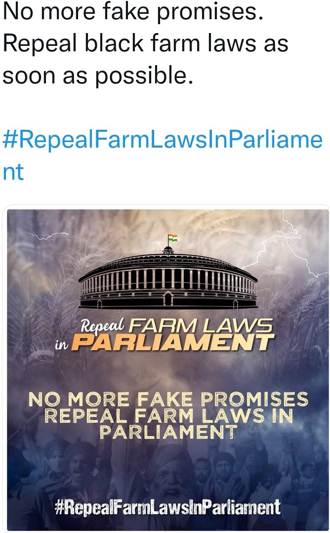 Kuldeep48275498's tweet photo. Today Hastag Retweet #RepealFarmLawsInParliament https://t.co/5suvCpTR96