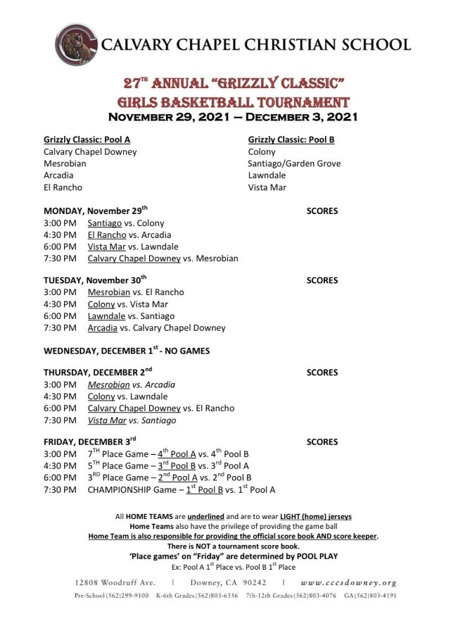 🏀GBB: 27th Edition of the Grizzly Classic hosted by Coach Osburn and Calvary Chapel. 
Monday.