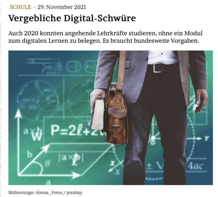 JMWiarda's tweet photo. Vergebliche #Digital-Schwüre

Auch 2020 konnten angehende Lehrkräfte studieren, ohne ein Modul zum digitalen Lernen zu belegen. Es braucht bundesweite Vorgaben. #KMK #MonitorLehrerbildung #twlz 

Meine Kolumne im @Tagesspiegel und im Blog: https://t.co/xEEsd6owfn https://t.co/EFAbR46Ar7