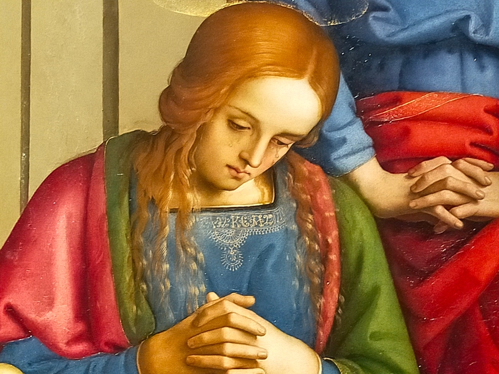 UffiziGalleries's tweet photo. #Dettagli. Quando si dice un volto parlante. Non c'è bisogno di aggiungere molto altro ai pensieri di questa Maddalena china sul Cristo deposto dalla croce, alla sua compostezza, al dolore vissuto tutto internamente. Un toccante particolare della Pietà di #Perugino #Uffizi 1495c. https://t.co/ny8aEk8wAu