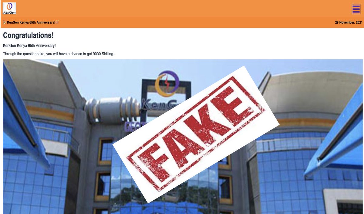 KenGenKenya's tweet photo. It has come to our attention that fraudsters are taking advantage of unsuspecting audiences, asking them to pay money to be rewarded by KenGen. Please note that this is a fake campaign and did not originate from us. https://t.co/LVKyitQjLM