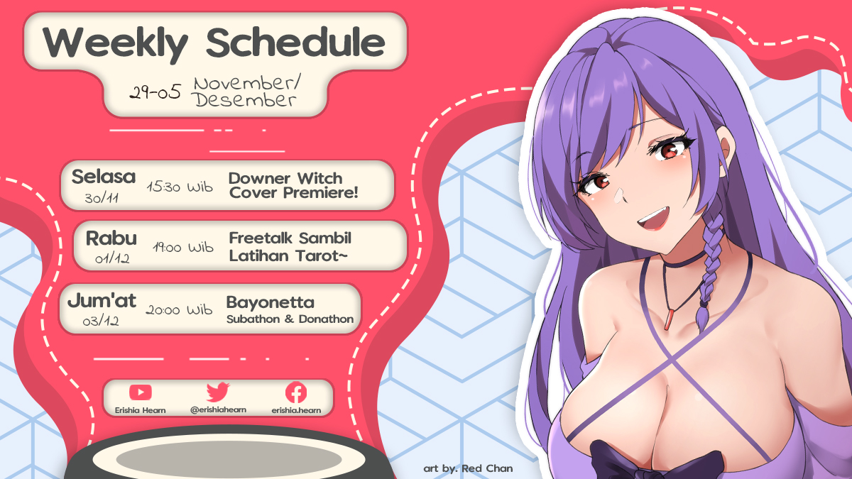 ErishiaHearn's tweet photo. Jadwal eri minggu ini~
Art credits: 
@RedChan0911 (lineart) &amp; @selfregret666 (coloring),Robbin (Schedule)

💜Hashtags💜
Fan Name: #Faerish
Fanart: #ErishiArt
Stream/clips: #Eristream/ #Ericlips
Meme: #Meemeri
NSFW: #ErishiAhn https://t.co/lSkmwwQDES