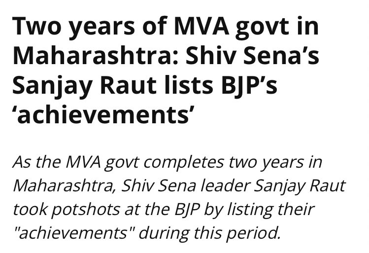 pallavict's tweet photo. @jitengajaria Even Sanjay Raut can’t give you those🙄

His editorial in Saamna on #2YearsofMVA took potshots at BJP listing out “BJP’s achievements”😂

@Dev_Fadnavis is doing such a brilliant job as LoO - meeting people &amp; resolving grievances that many in Maha still look up to him as the CM https://t.co/DFUMz4BEyV
