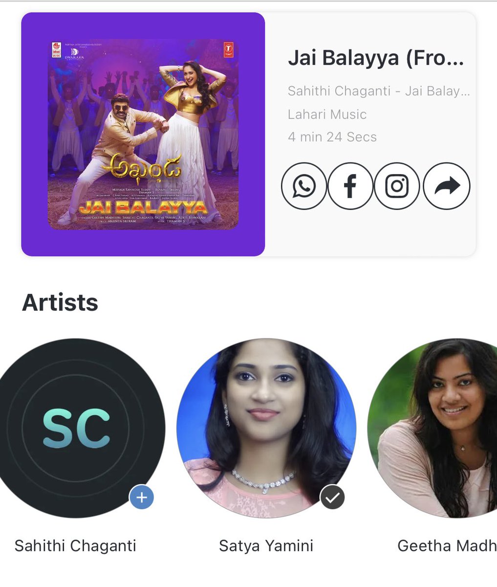 Super happy to be a part of this song!! #JaiBalayya Thank you so much <a href="/MusicThaman/">thaman S</a> sir and <a href="/srikrisin/">srikrishna vishnubhotla</a> anna 😊🙏 <a href="/itsahithii/">Sahithi Chaganti</a> <a href="/geethasinger/">SingerGeethaMadhuri</a> <a href="/AditiBhavaraju/">Aditi Bhavaraju</a> #akhanda