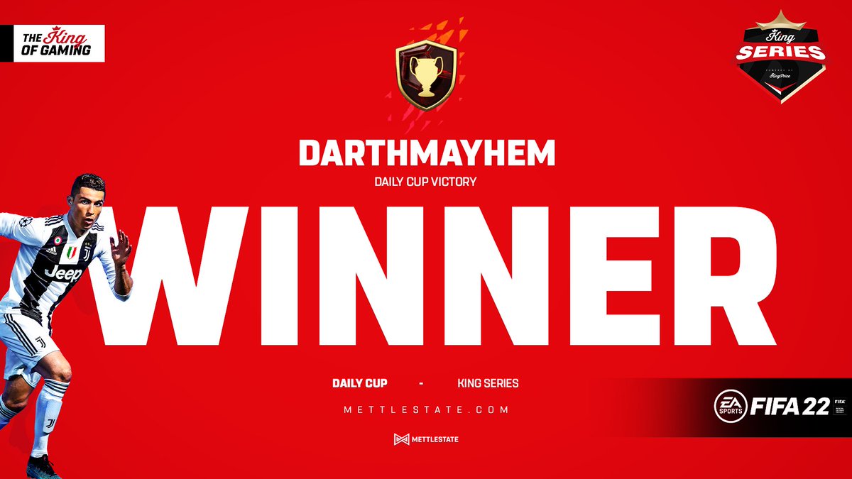 Mettlestate's tweet photo. Congratulations to the winner of this weekend's FIFA22 daily cup, DarthMayhem 🏆🥇
GG and well played! 🔥😄
@KingPriceIns
#TheKingofGaming #KingSeries #FIFA22 https://t.co/r7IPjbQf3E