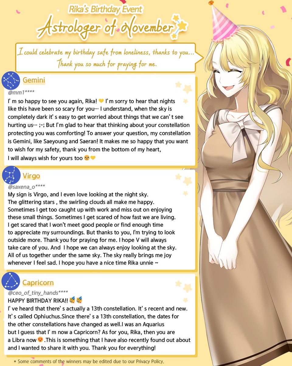 Cheritz_DL's tweet photo. 수상한 메신저 2021 리카 생일 기념 이벤트의 당첨자를 발표합니다!
당첨자분은 DM 페이지를 확인해주세요.😊

Winner announcement for the Mystic Messenger Rika's Birthday Event!
Please check your DM page if you are one of the winners.😊 https://t.co/jg7PV1yeEJ