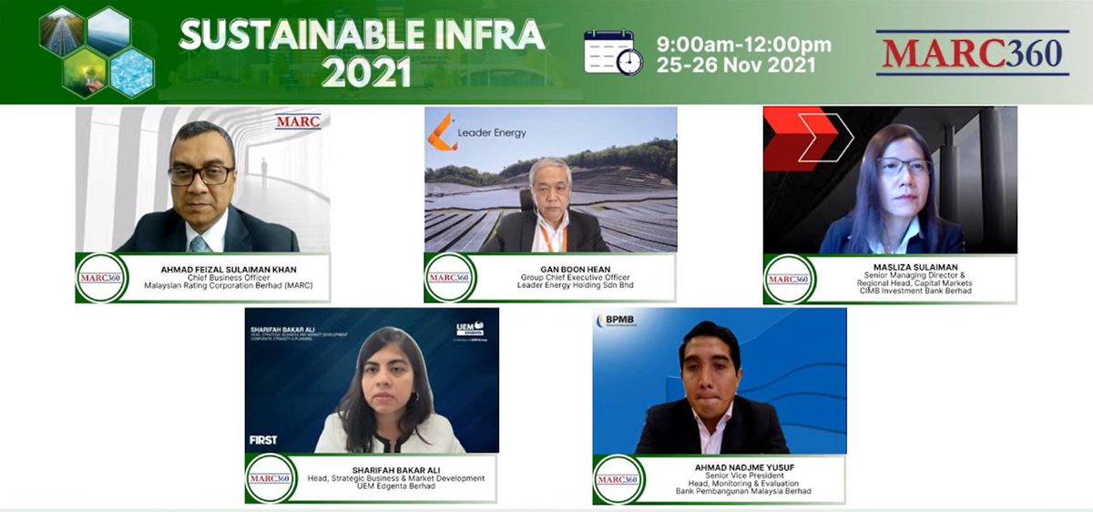 MARC EVENTS:

The MARC360: Sustainable Infra 2021 Virtual Conference resumed for Day 2 last Friday with a discussion on the considerations and integration of ESG practices in global and Malaysian infrastructure.

#MARC #MARC360 #SustainableInfra