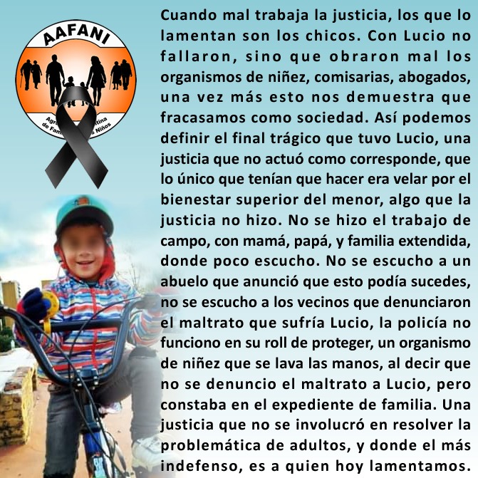 Cuando mal trabaja la justicia, los que lo lamentan son los chicos. Con Lucio no fallaron, sino que obraron mal los organismos de niñez, comisarias, abogados, una vez más esto nos demuestra que fracasamos como sociedad...

#todossomoslucio #NoMasHijosRehenes #NoMasNietosRehenes