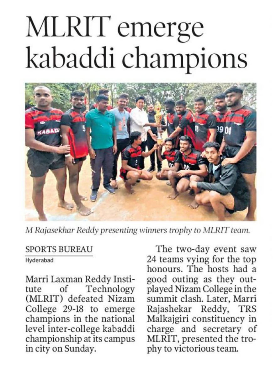 MarriRajasekar's tweet photo. Congratulations and best wishes to Team @mlritin on winning the National level Inter-College #Kabaddi #Championship.👍

#sports https://t.co/FjEuMK1J7T