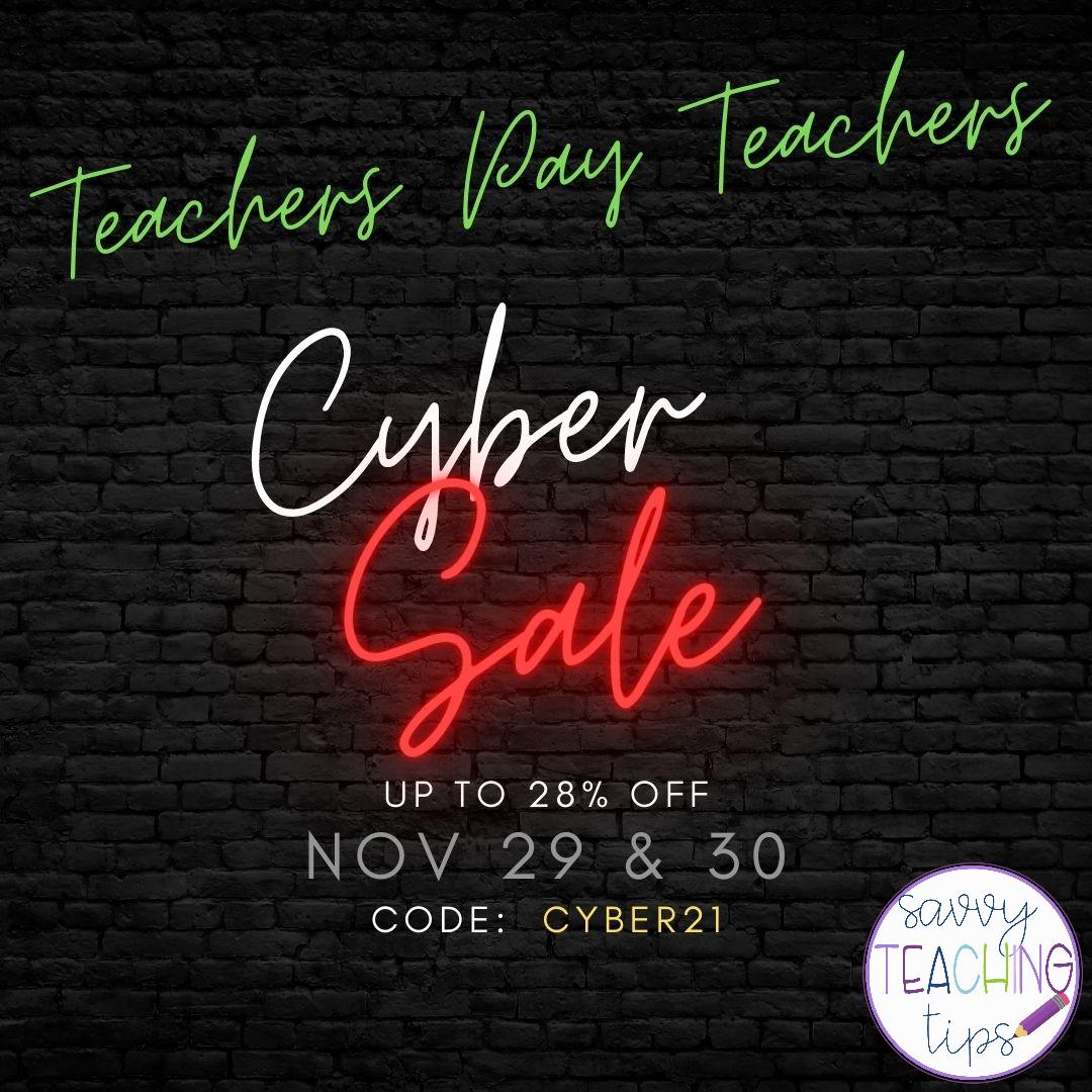 savvyteaching's tweet photo. The Teachers Pay Teachers Cyber Sale starts in 2 hours.  Load up your cart.  Everything in my store is 28% off with the code CYBER21 at checkout. #savvyteachingtips #tpt #teachersfollowteachers #teachersofig #tptsale https://t.co/Ra2EWGoINr