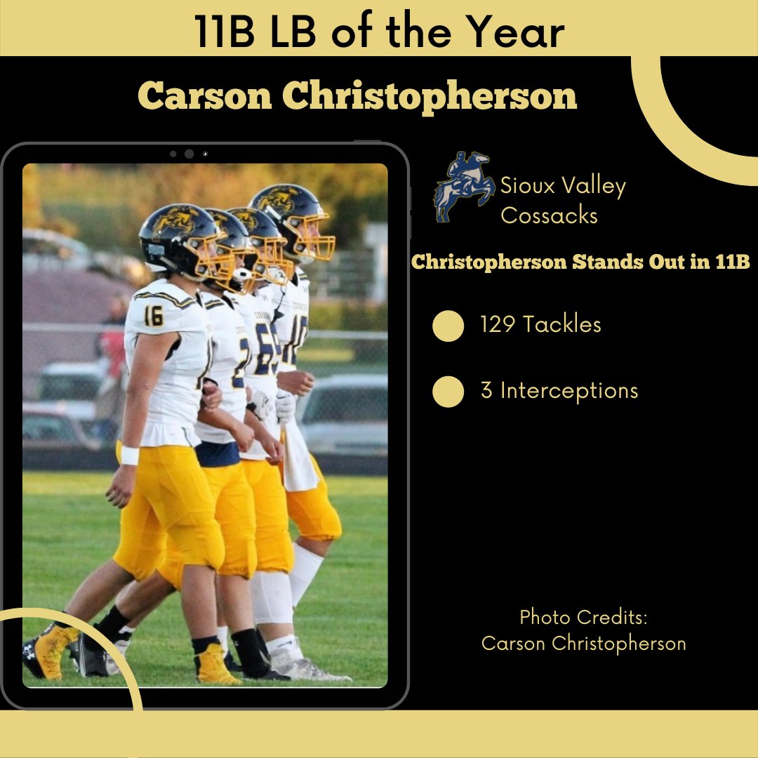 Our 11B LB of the Year: Carson Christopherson of Sioux Valley!

Carson was leader for the Cossacks defense, and averaged over 10 tackles a game!
#sdpreps | <a href="/CossackFootball/">Cossack Football</a>