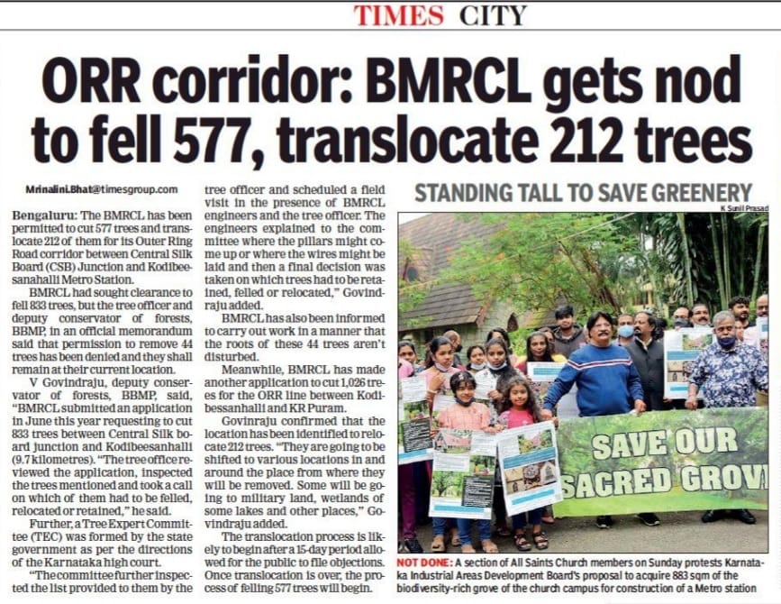 mrinalini_bhat's tweet photo. After having requested to fell 833 trees between Central Silk board junction and Kodibeesanhalli, BMRCL gets nod to fell 577 trees, translocate 212 trees. 44 trees to be retained.
@cpronammametro @BBMPCOMM @BBMPAdmn @TOIBengaluru https://t.co/nZ3FH1LxFM