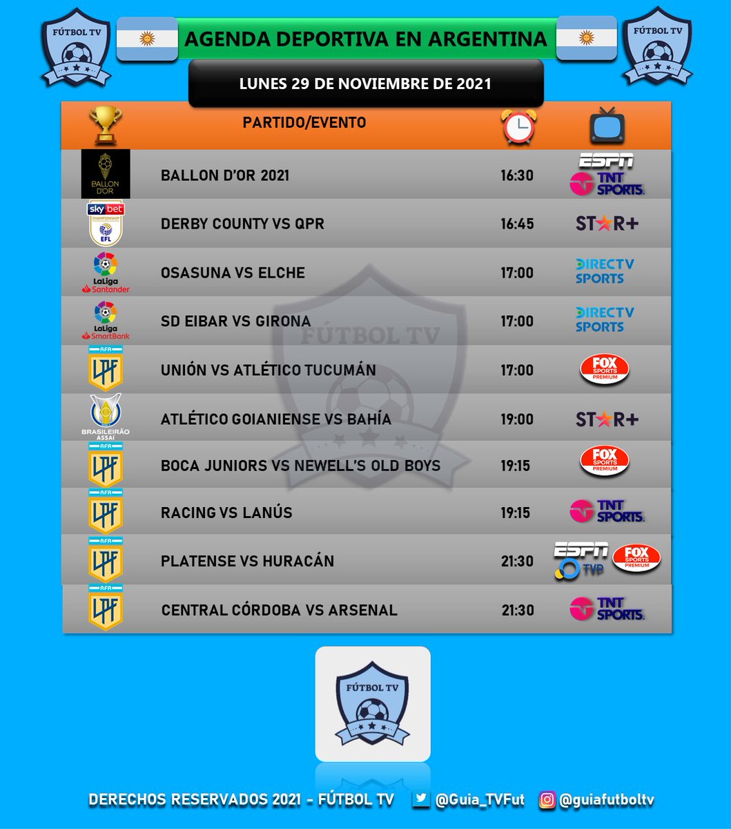 PlatinumSportMX's tweet photo. ๐ฆ๐ท Agenda Deportiva en #Argentina
Lunes 29 de Noviembre de 2021
โฐ ๐บ Horarios y TV disponibles solo en #Argentina.
โ ๏ธ Sujeto a cambios.
#BallonDor #LaLigaEnDIRECTV #TorneoLPF #LPFxTNTsports #LPFxFOX #FutbolEnDIRECTV #FUTBOLxESPN #ESPNenStarPlus https://t.co/8j6GE7Cmrk