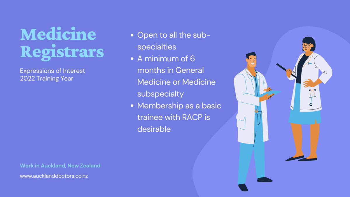 #medicine REGISTRARS

Expressions of Interest for the training year 2022

Are you keen on working in the #Auckland Region in the year 2022?

Visit the link below

bit.ly/3CVGwmI

#fy3 #nhsdoctor #irishdoctor #aussiedoctor

Share the post with your contacts.
