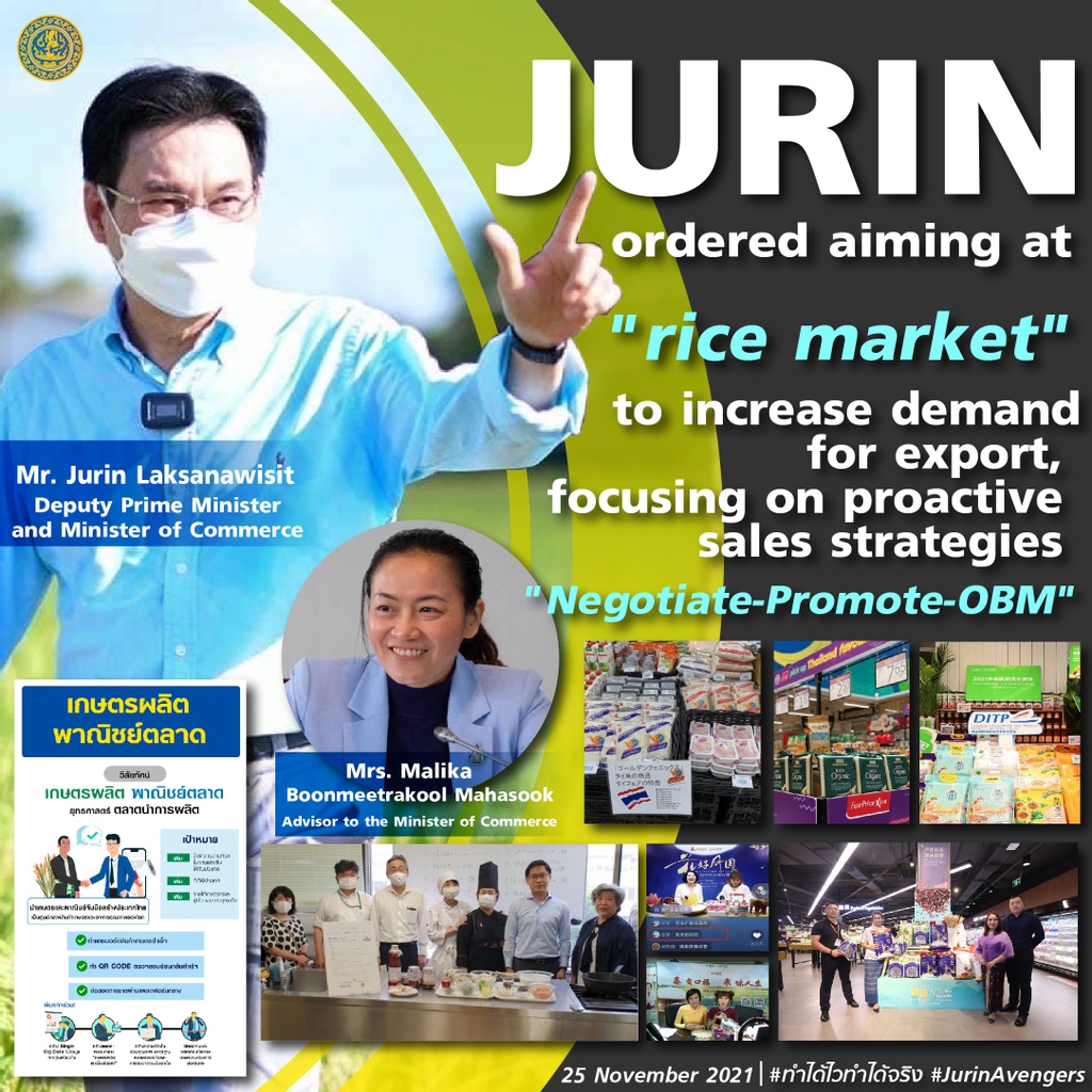 Jurin ordered aiming at "rice market" to increase demand for export, focusing on proactive sales strategies "Negotiate-Promote-OBM. Mr. Jurin ordered the DITP to accelerate implementation of the project plans/activities to promote rice exports for 2022. bit.ly/3p7k0m2
