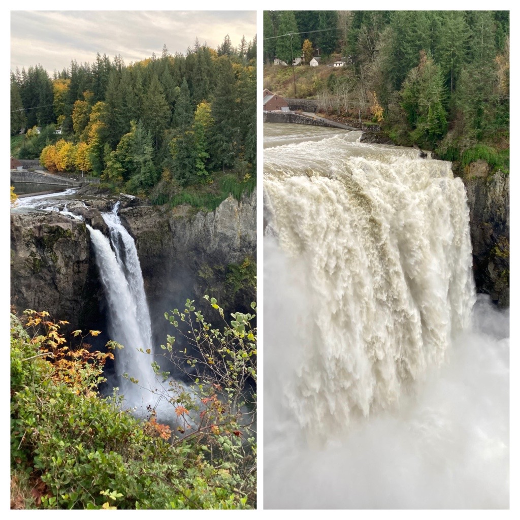 #SnoqualmieFalls comparison between October 16th and November 28th! #wawx #flooding