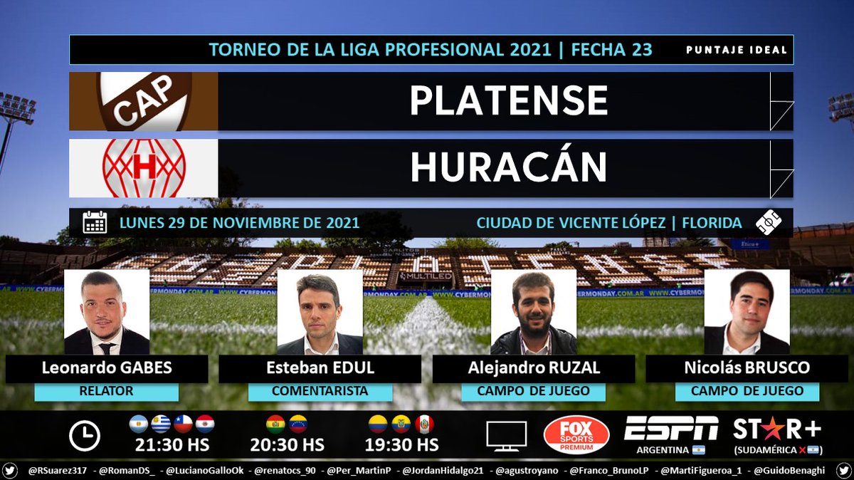 Puntaje_Ideal's tweet photo. โฝ #TorneoLPF ๐ฆ๐ท | #Platense vs. #Huracรกn
๐ Relator: @leogabes
๐ Comentarista: @estebanedul
๐ Campo de Juego: @AleRuzal y @nicobrusco86
๐บ #FOXSportsPremium / @ESPNArgentina ๐ฆ๐ท
๐ป๐ฑ @StarPlusLA Sudamรฉrica (Excepto ๐ฆ๐ท)
๐คณ #LPFxFOX - #PackFutbol - #ESPNenStarPlus
Dale RT ๐ https://t.co/t30aFmBf3b