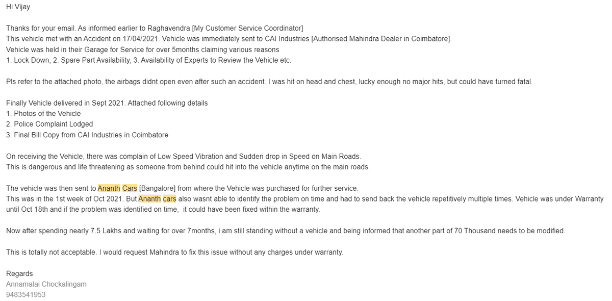 cmalai's tweet photo. My car met with an accident in April 2021 and since then its been a tough time with Mahindra Automotive and their dealers as they are unable to fix the car to working conditions after raising bills for around 8Lakhs.
@anandmahindra @RisetoHelp @MahindraRise @Mahindra_Auto https://t.co/ezsXbyQeyD