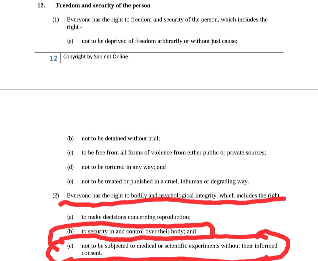 SA_BlekMan's tweet photo. Dear President Cyril Ramaphosa, what happened to section 12 of Chapter 2 Bill of Rights? Or we have a new constitution in south africa? #VaccineMandate #FamilyMeeting #COVID19 #Omicron @CyrilRamaphosa https://t.co/ivpkCDRFBN