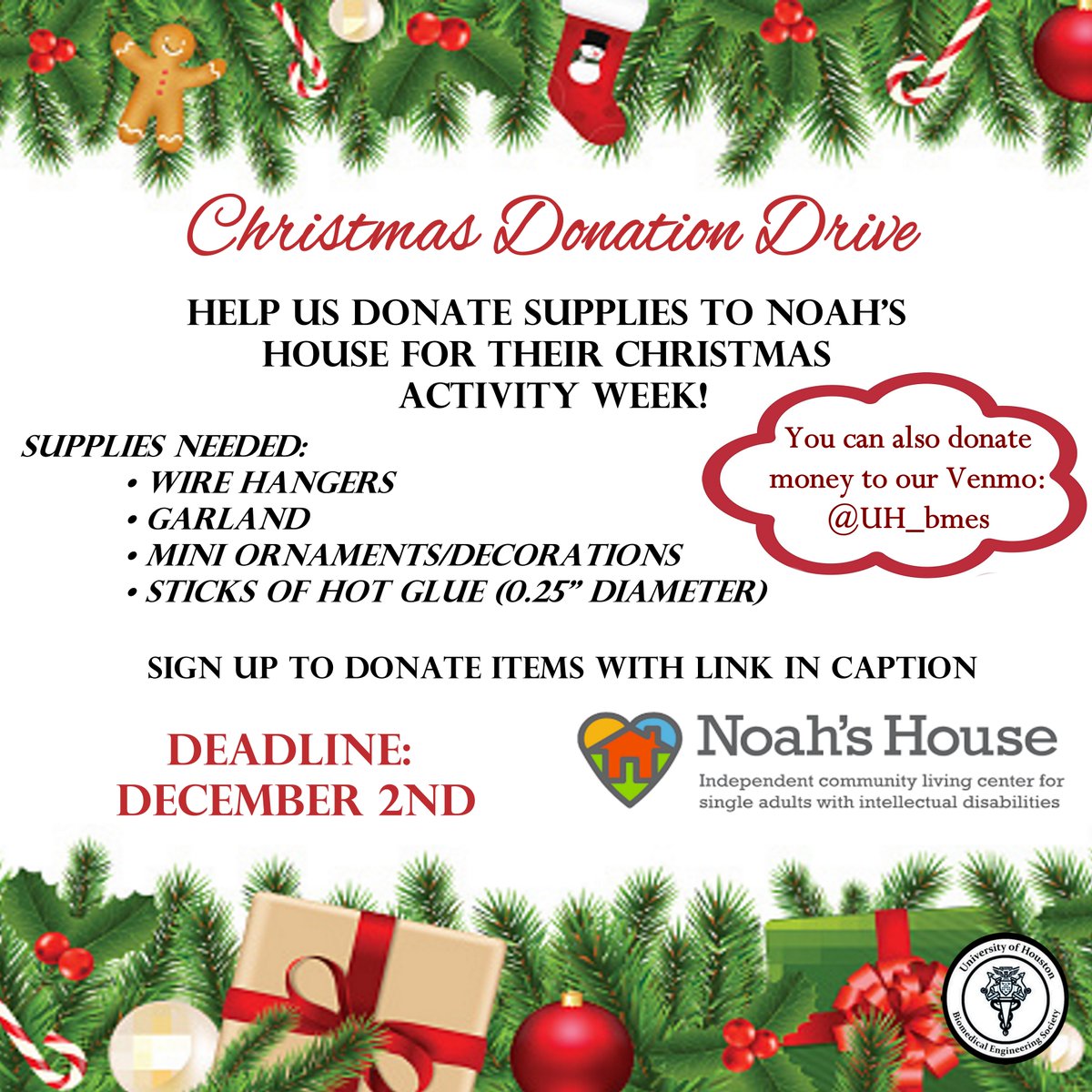 Hello UHBMES! We're helping <a href="/NoahsHouse_TX/">Noah's House</a> with raising donations and collecting supplies for their residents! To donate, sign up here: signupgenius.com/go/10C0F4AABAE…

#Donations  #Christmas #Engineering