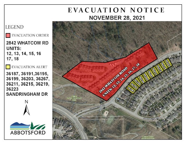 AbbyPoliceDept's tweet photo. EVACUATION ORDER: Issued for 2842 Whatcom Road Units 12,13,14,15,16,17,18 due to a mudslide in the area.  Some residents along Sandringham Drive have been put on evacuation alert.  See attached map for details https://t.co/Htn59aZPQo
