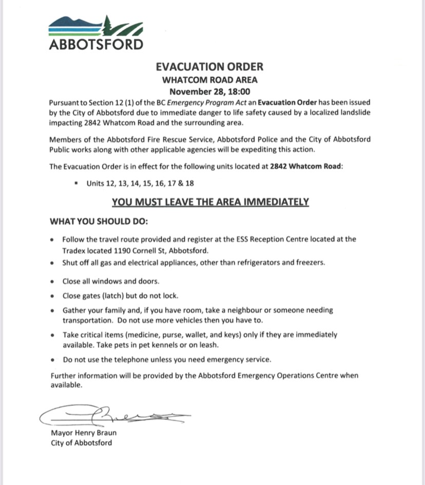 AbbyPoliceDept's tweet photo. EVACUATION ORDER: Issued for 2842 Whatcom Road Units 12,13,14,15,16,17,18 due to a mudslide in the area.  Some residents along Sandringham Drive have been put on evacuation alert.  See attached map for details https://t.co/Htn59aZPQo