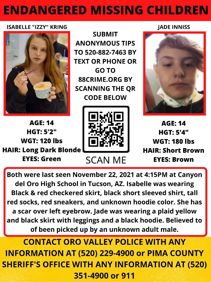 GabbsJustice's tweet photo. Please help us #BringIzzyHome & #BringJadeHome safely!
They were last seen at Canyon del Oro High School in #Tucson, #Arizona on 11/22/21.
#IzzyKring #JadeInniss #IsabelleKring #Missing #MissingChildren #MissingPerson #MissingInAmerica #MissingAlert #Share #News #RT https://t.co/rOd6ifPy1C