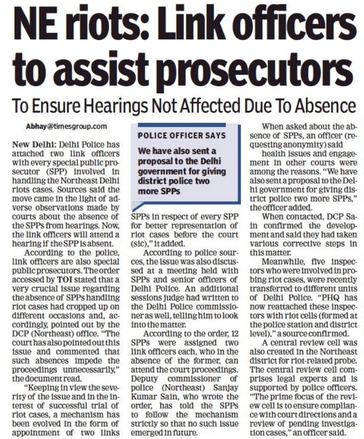 abhaytoi's tweet image. .@DelhiPolice has attached two link officers with every special public prosecutor (SPP) involved in handling the Northeast Delhi riots cases. #northeastriots #investigation
