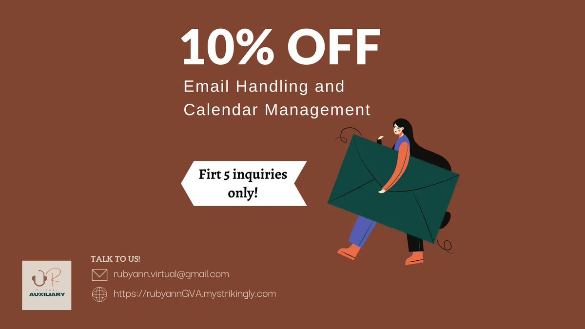 rubyann_VA's tweet photo. Need some help handling your emails? 📩

Let me help you with that!  🙋🎧

Hire me now and I can take care of your business mails! 🤝

I offer 10% OFF  for the first 5 inquiries! 

Go get moving! https://t.co/qeJqEJswOj