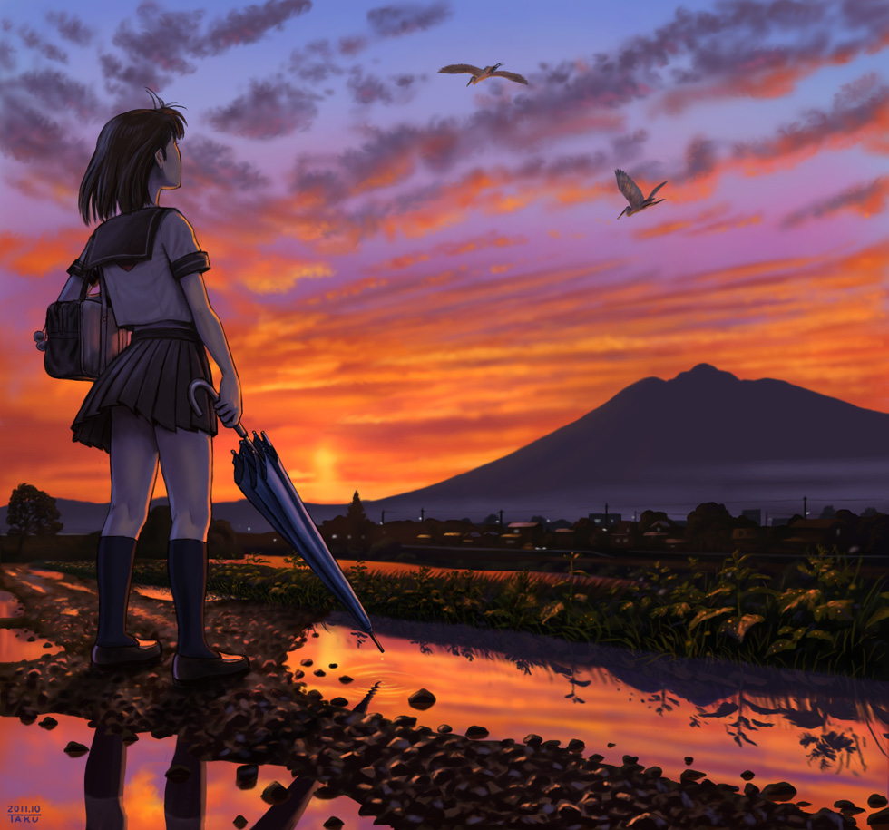 夕焼けの山と少女のイラスト - 幻想的なワンシーン！ 『夕焼けと女の子