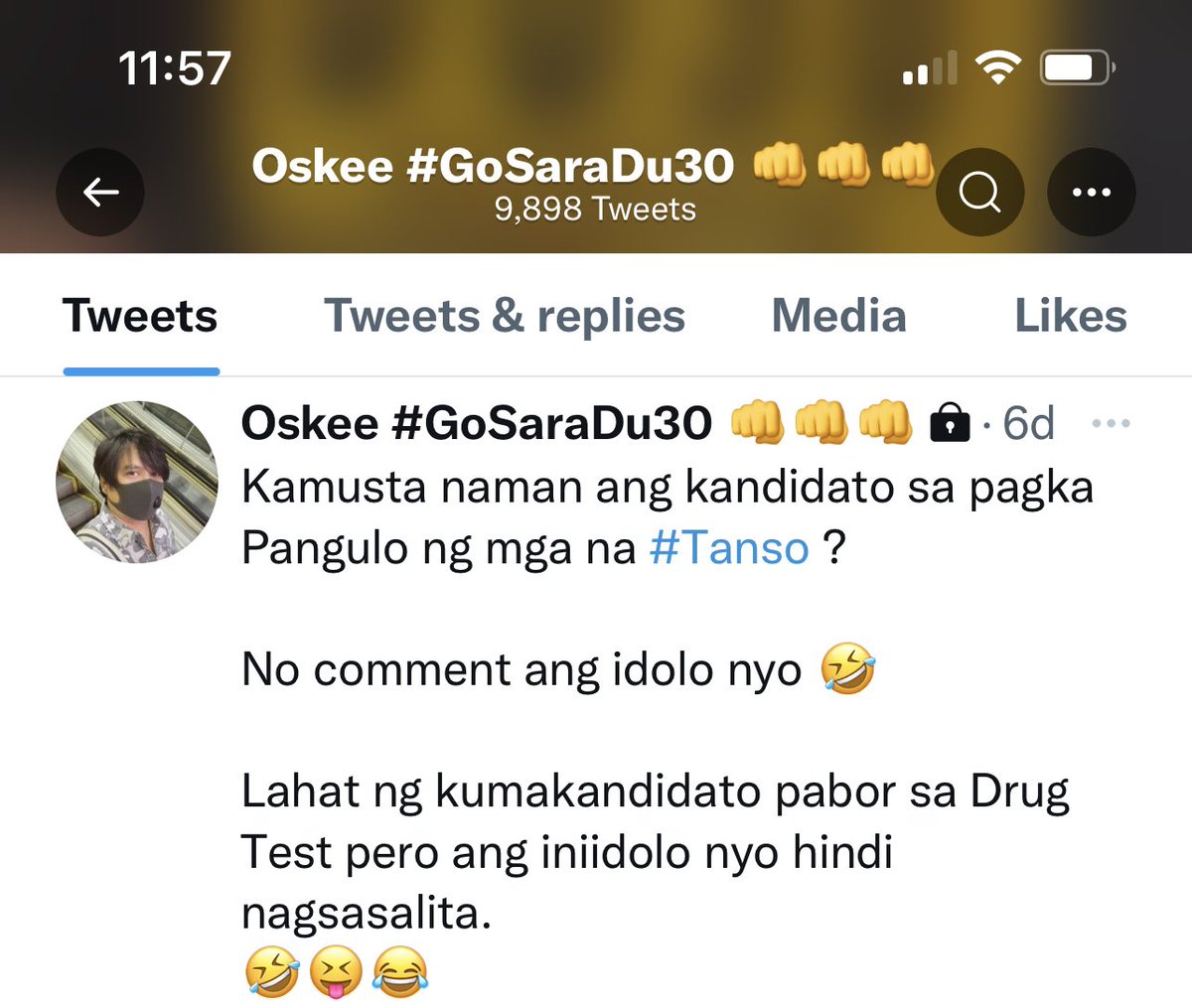 ditsky's tweet photo. Hehehehe, the ignoramus in @oskeetv tweet👇 again. Calling Marcos supporters #Tanso yet he supports Mayor ISD who supports ‘cocaine user’ BBM. 

Here’s BBM who asked Mayor ISD and the latter followed the former’s advice to undergo drug test!

Does that make Mayor ISD TANSO? 😜🤣 https://t.co/CrYW13XFXH