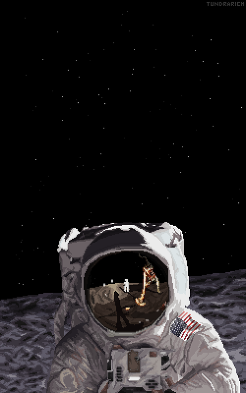 redditSpaceView's tweet photo. My pixel art version of the famous Buzz Aldrin photograph, what do you think? https://t.co/n77ayLj26j