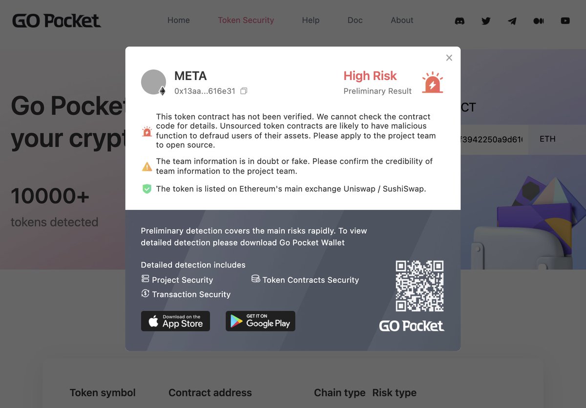 GoPlusSecurity's tweet photo. gm ct #Metaverse
crazy #buythedip? hold on...

2 $META on eth submitted in #GoPocket
1⃣0x25fd22e3f3ecf07d1fb1cde26d9484a540c61aff
2⃣0x13aa5c2a696a2803bd2879df3942250a9d616e31

check the risks👇
to check more tokens
enter contract address here https://t.co/Zk4hytN2zy https://t.co/NVaEzsi32T