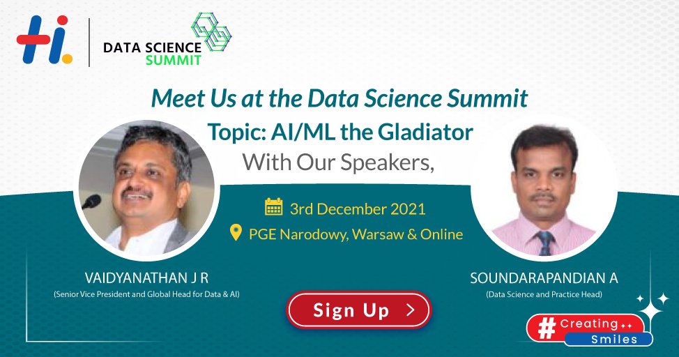 HexawareGlobal's tweet photo. Join and meet us online at the @DataScienceSummit on 3rd December 2021 with speakers Vaidyanathan J R and Soundarapandian A on AI/ML, the Gladiator. Register here. https://t.co/d9p5TBBWP5
#HexaHire #dss21 #datasciencesummit #dssconf
#UnboxYourPotential https://t.co/aTONSph3kg