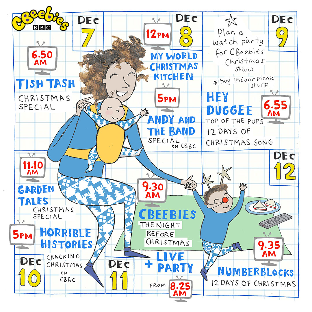 CBeebiesHQ's tweet photo. Your countdown to Christmas made realistic! 😂

What's on your parenting calendar? 📆

🎨 @JosephineScales 

*More schedule info to come &amp; available on our website! https://t.co/Qu7D2JFlEn