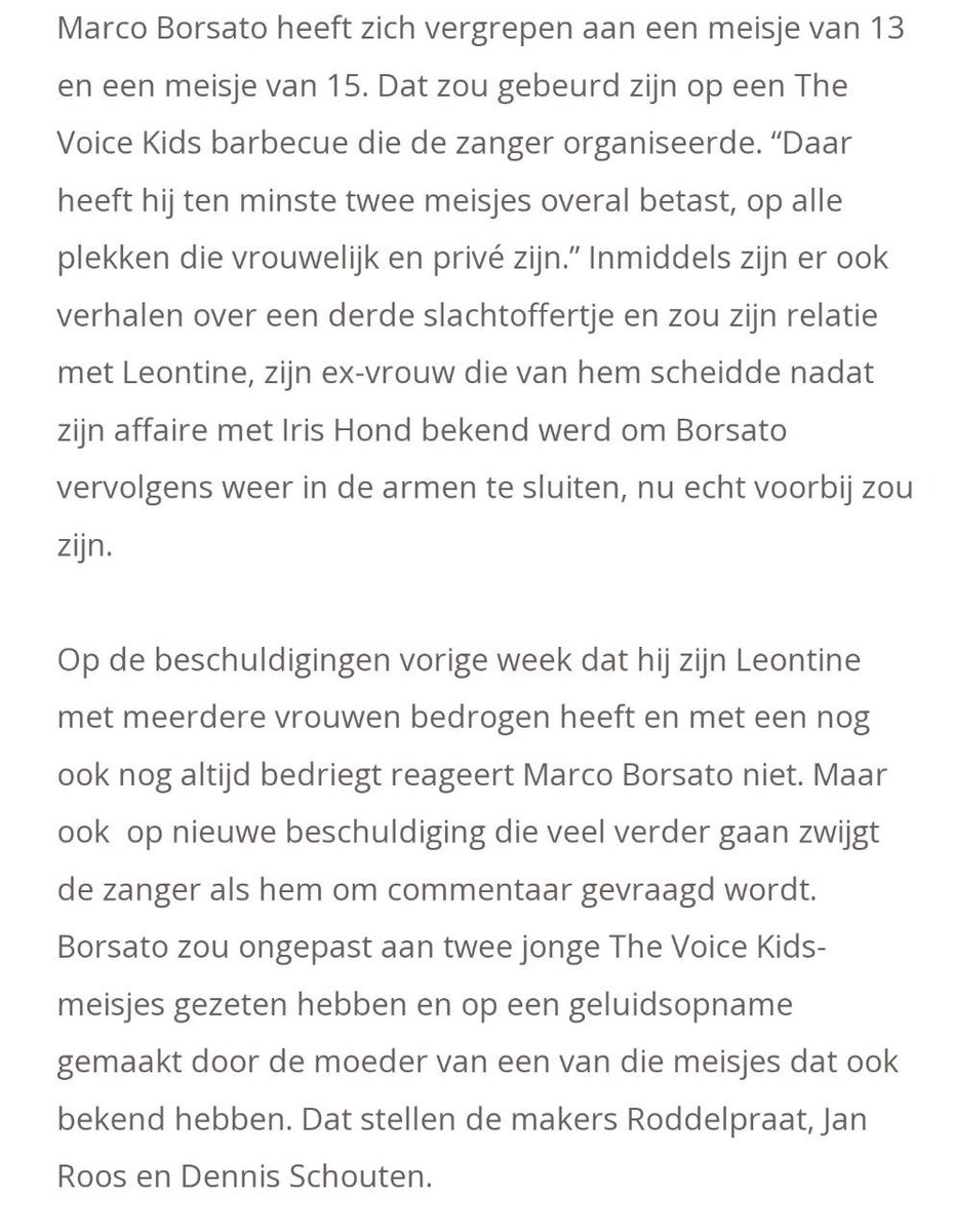 SimoneGezond's tweet photo. Is #MarcoBorsato een pedofiel en heeft zich vergrepen aan een 13-jarig en 15-jarig meisje. Nog erger: RTL houdt hun hand boven zijn hoofd. En het schijnt algemeen bekend te zijn, maar niemand doet iets? Echt te idioot voor woorden. https://t.co/o1g9rwP0av