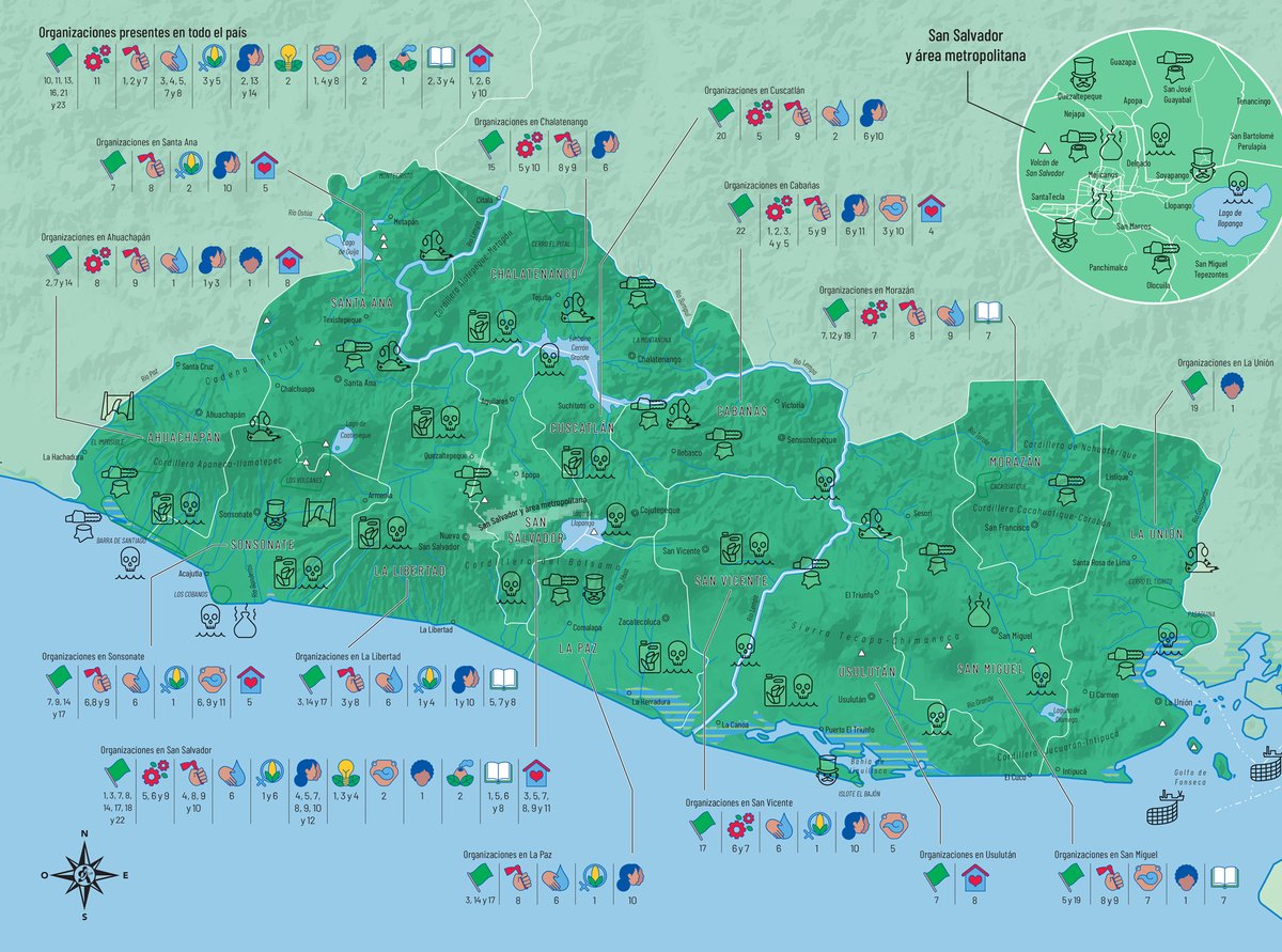 CCESV's tweet photo. La cartografía es un mapa ilustrado que construye un panorama sobre las diversas iniciativas y prácticas de organizaciones de #ElSalvador, articuladas en defensa de los bienes comunes y lucha por lograr una justicia climática.
#Verdequetequieroverde #AlertaPlaneta #Medioambiente https://t.co/w5sLHSP79F