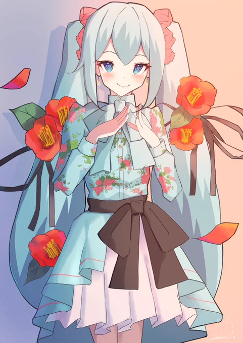 ピアプロ運営です。本日は #いい服の日 !という事で「オリジナルの服を着たキャラクター」作品をご紹介!ぽんちゃんさんのミクさん!椿がデザインされた服が素敵ですね(*'ω`*)【https://t.co/mLULlfvqgt】 #piapro #初音ミク 