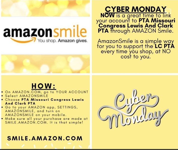 Lewis_Clark_PTA's tweet photo. Just in time for Cyber Monday! Please consider adding the Lewis &amp; Clark PTA to your Amazon Smiles account using the instructions below. Thank you in advance for your support! https://t.co/64TQ0NGuf1